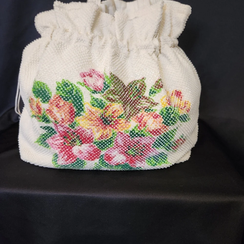 Floral Beaded‎ Satchel Colorful Drawstring Handles Bohemian Hippie Bloomcore